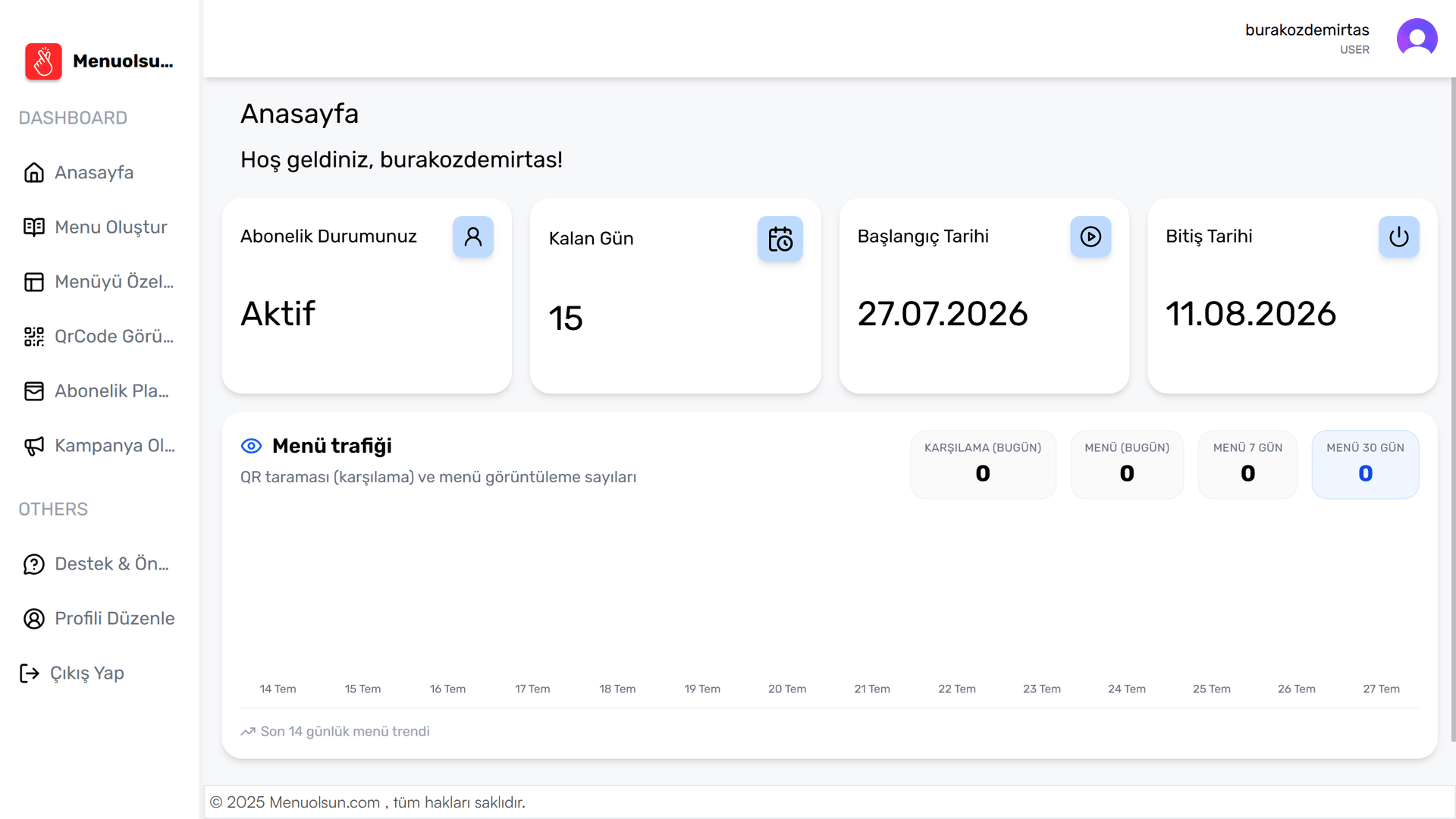 Kayıt ve dashboard görünümü